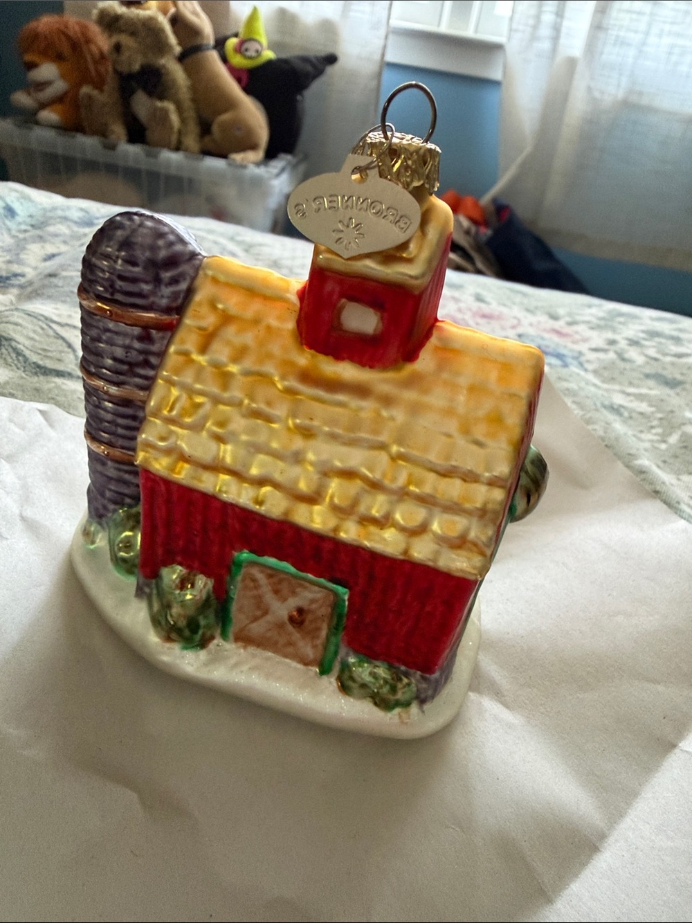 Bronners Glass Red Barn Ornament with Gold Roof